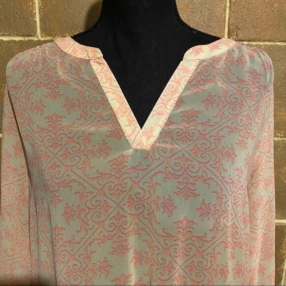 CAbi Sheer Tunic Top Pink and Yellow Cinch Tie Waist Pockets Women's M Medium - Picture 3 of 9